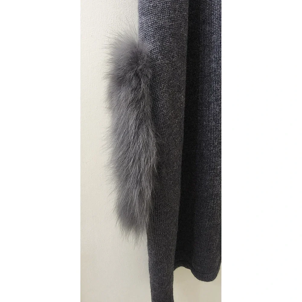Belle Fare Charcoal Gray Wool Blend Knit Poncho Genuine Fox Fur‎